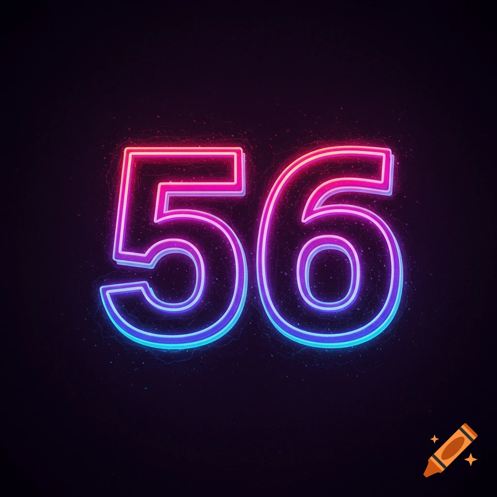 Neon numbers 56 on a dark background