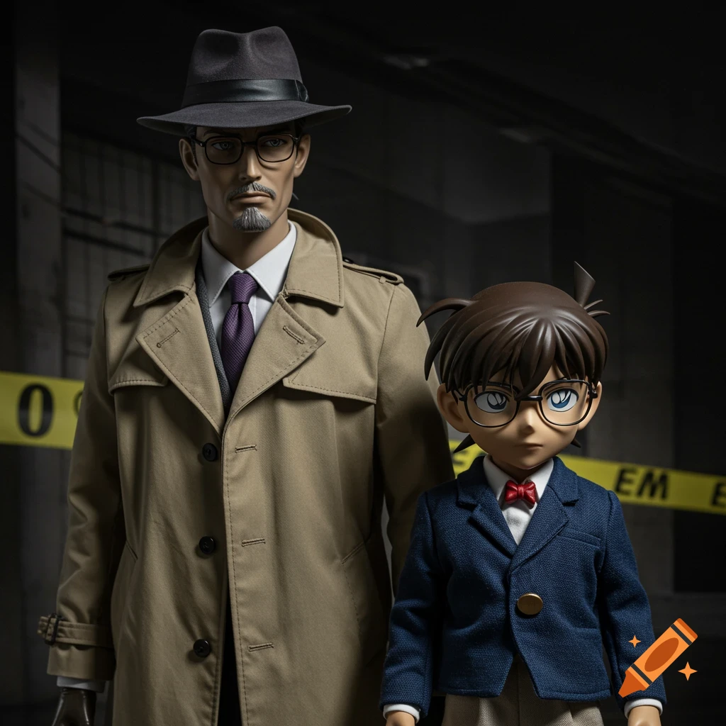 Adult and child detective figures stand at a crime scene with yellow tape.