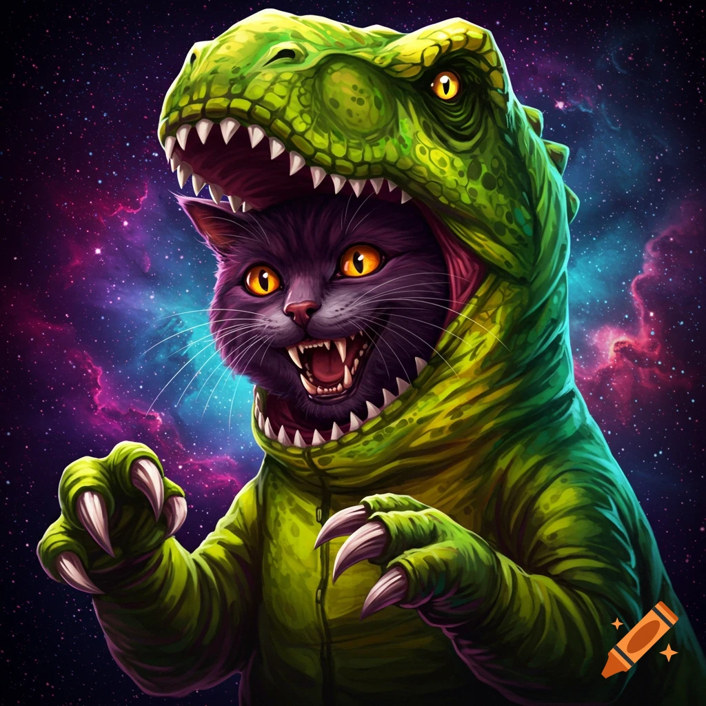 Purple cat wearing green dinosaur costume roaring in space.