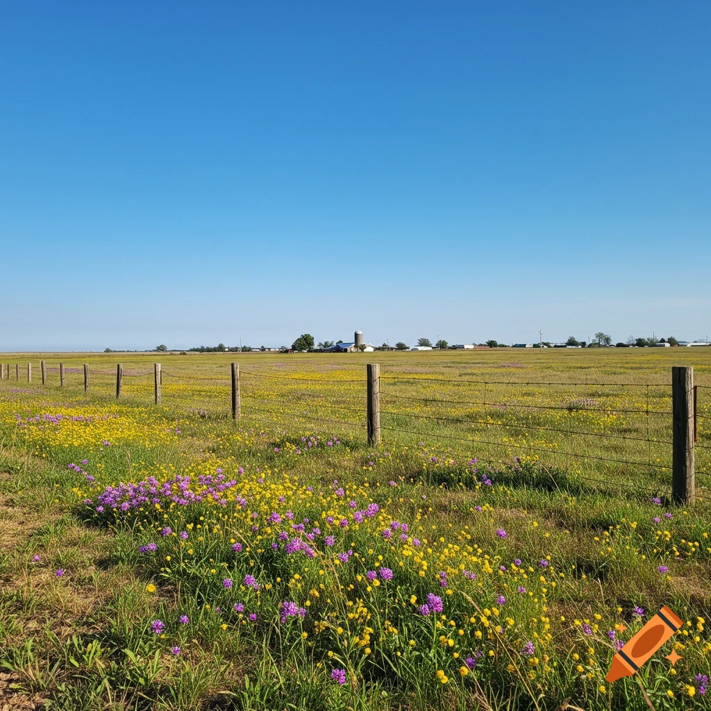 A field of yellow and purple wildflowers with a wooden fence and a clear blue sky, a farm or small town in the distance.