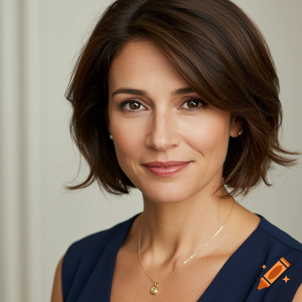 Close-up portrait of a woman with short brown hair wearing a navy dress and gold necklace.