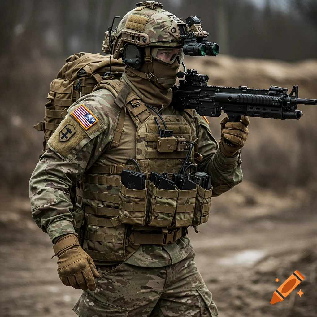 A soldier in camouflage uniform, tactical gear, and helmet holds a rifle.
