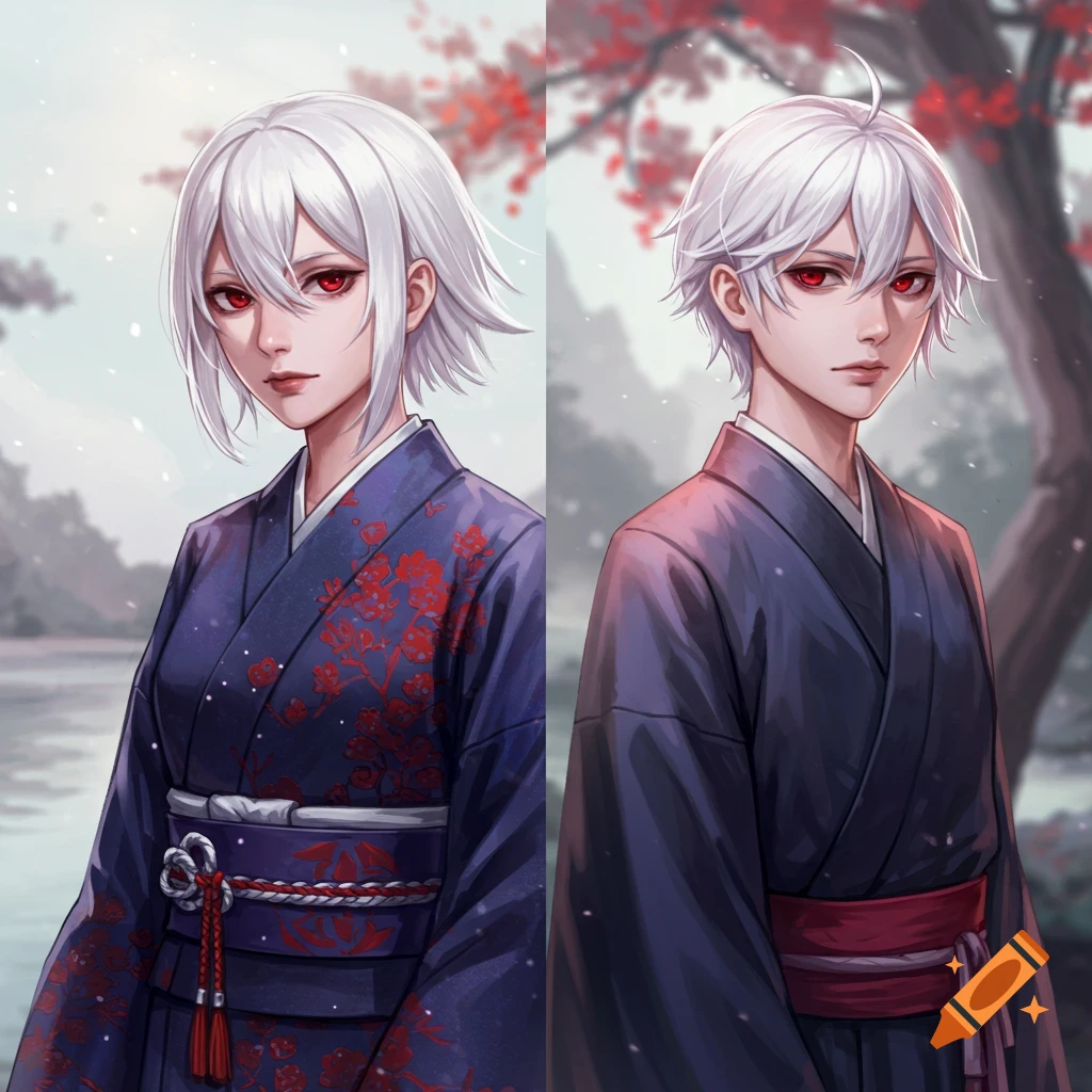 Two anime characters with white hair and red eyes wearing kimonos.
