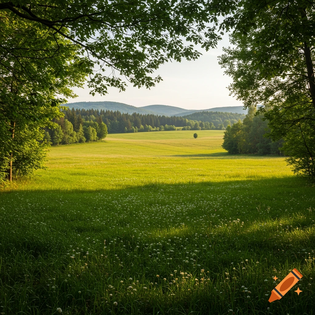 A sunlit field of green grass and white flowers surrounded by trees, with hills in the background.