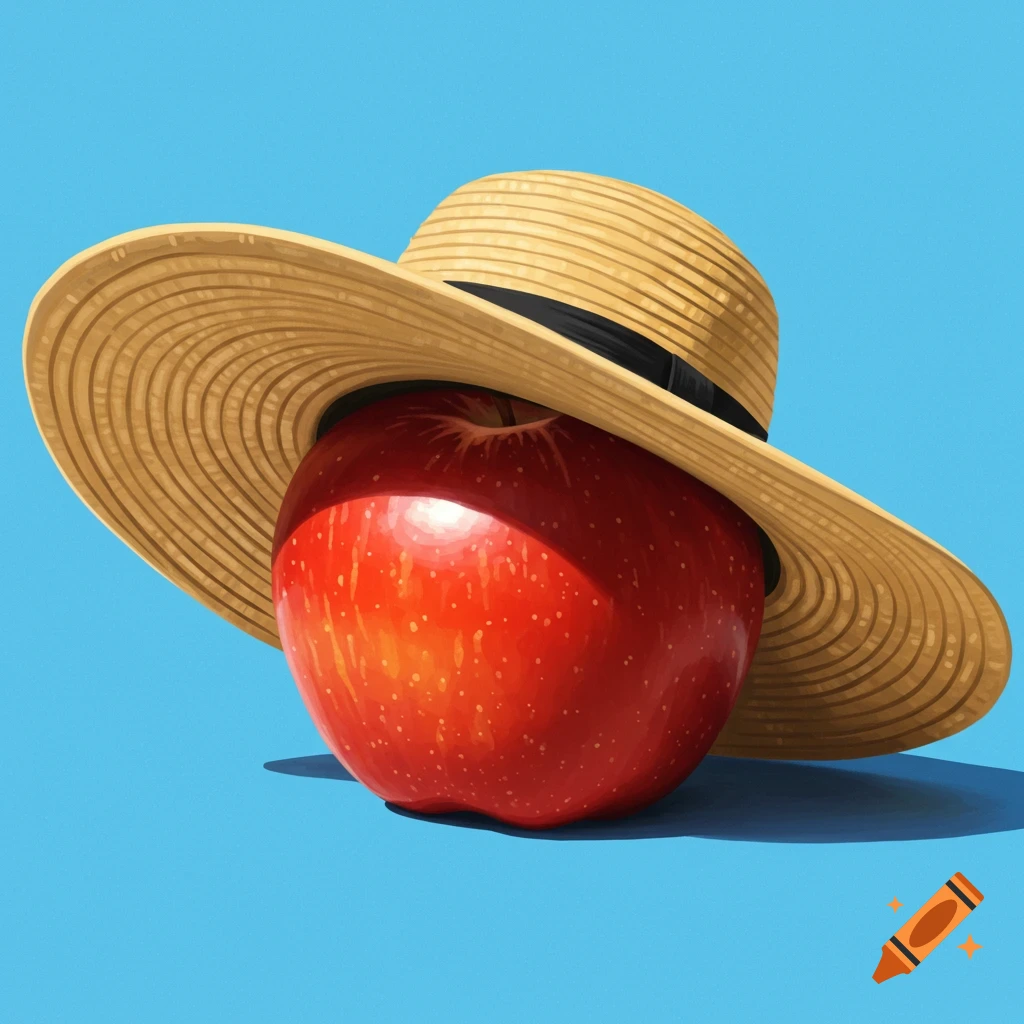 A red apple wearing a straw hat on a blue background.