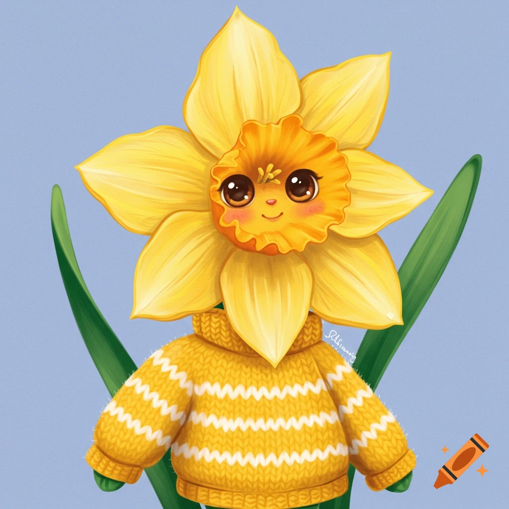 Cute cartoon daffodil character wearing a yellow and white striped sweater.