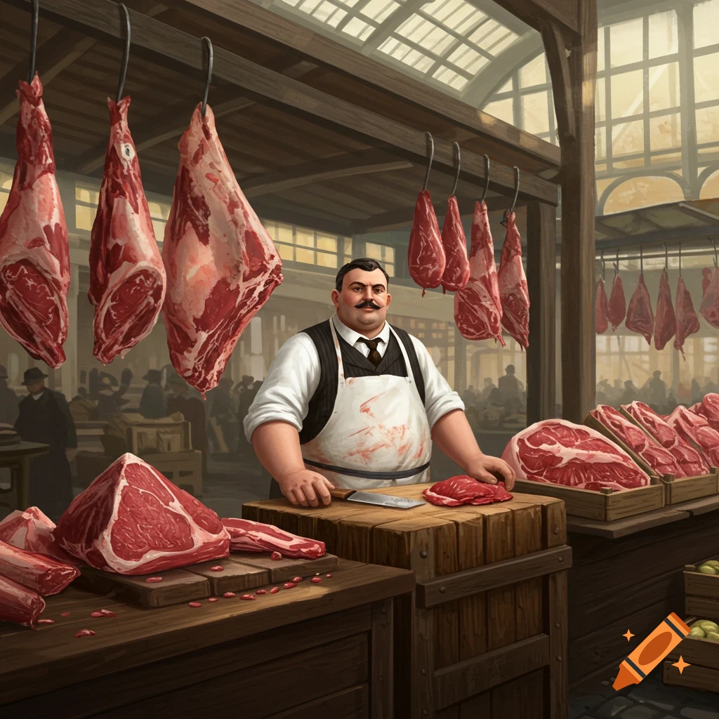 An image of a butcher in a 1920s market with hanging meat.