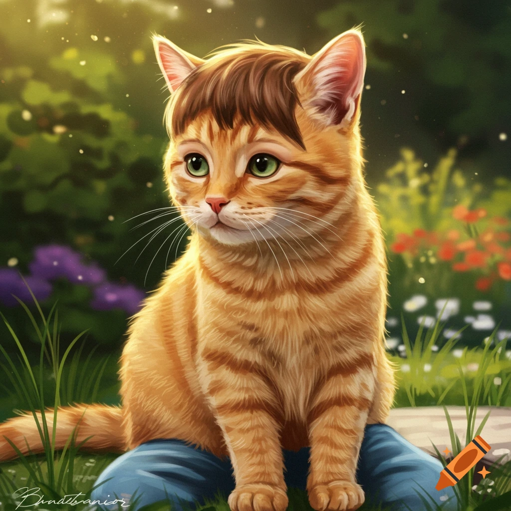 An orange tabby cat with a brown haircut sitting in a lush garden.