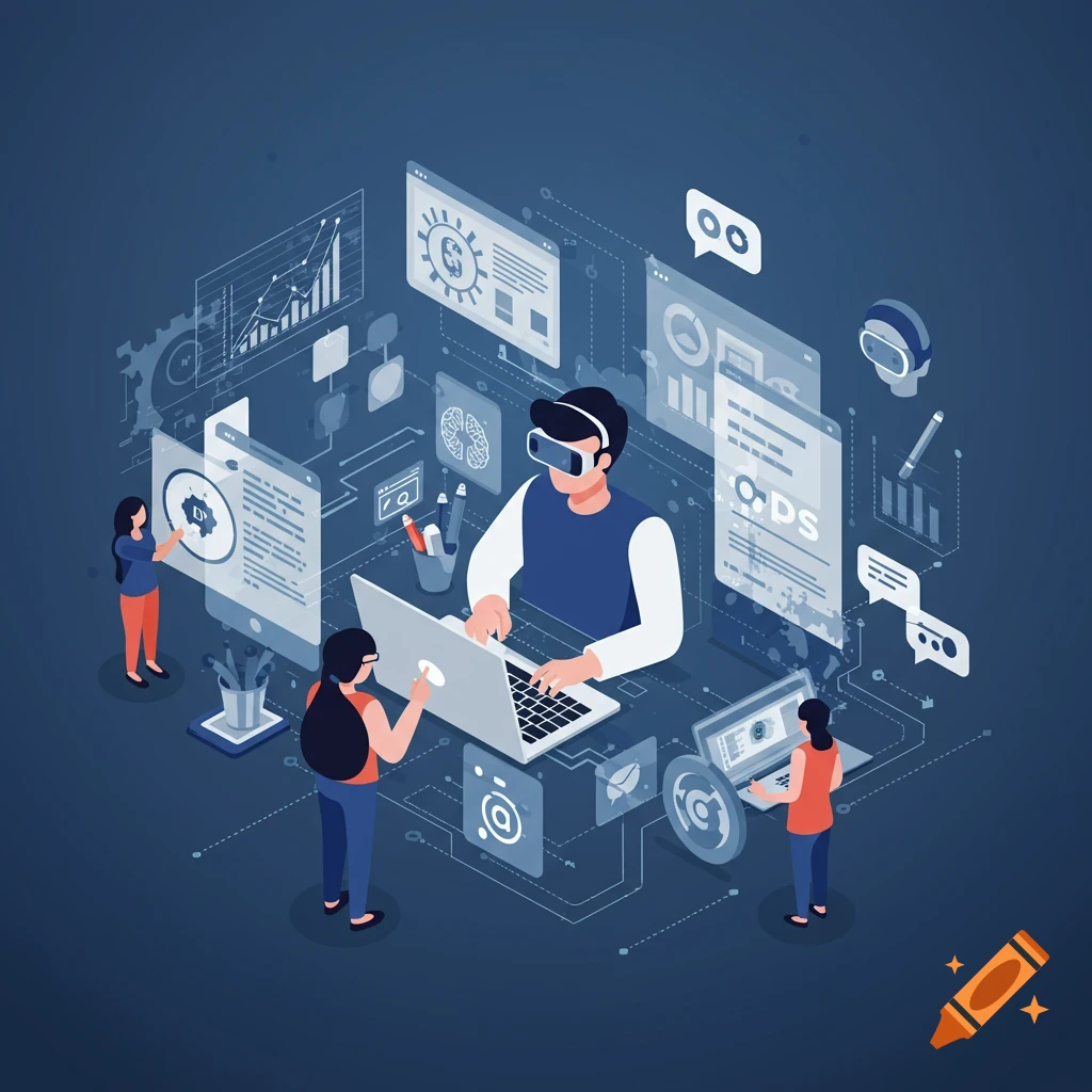 Stylized illustration of people using technology, laptops, and VR headsets in a data environment.