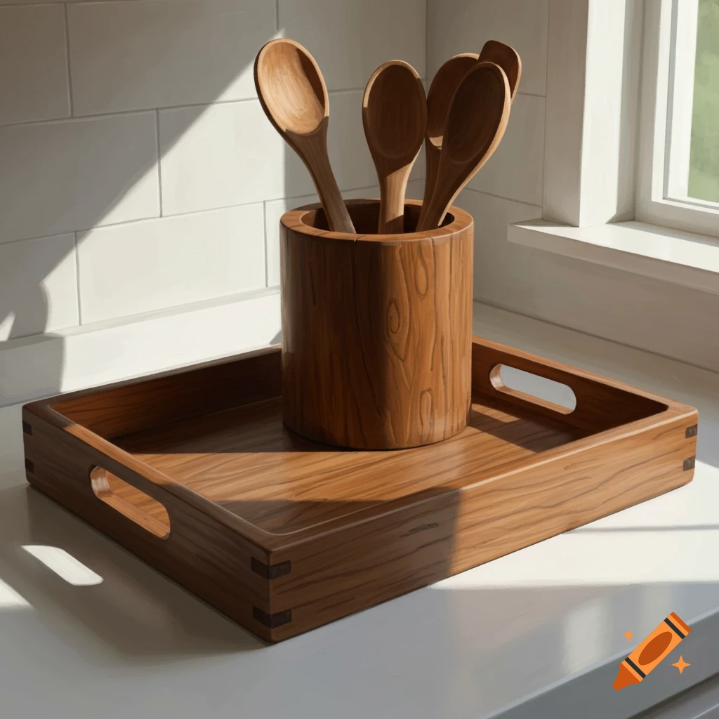 Wooden kitchen utensils in a holder on a tray on a countertop.