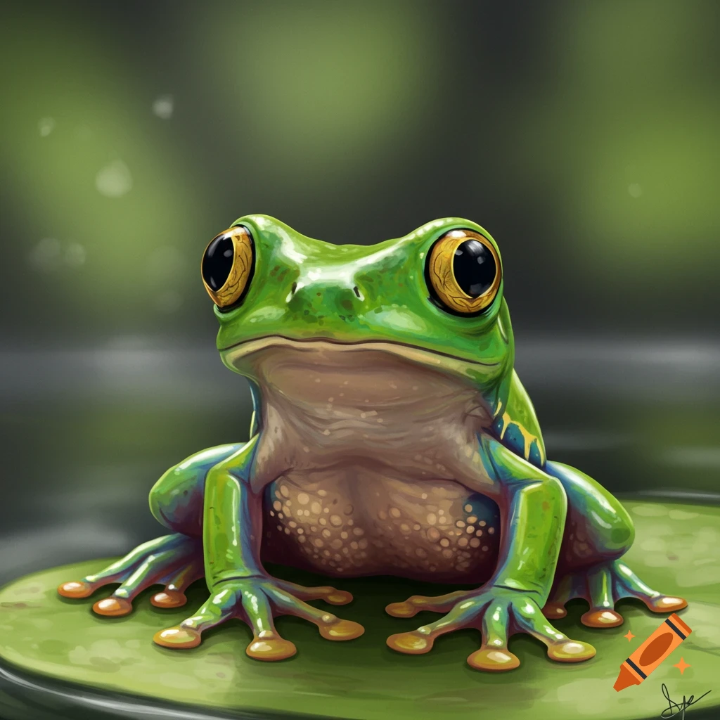 A vibrant green frog with big yellow eyes sitting on a lily pad.