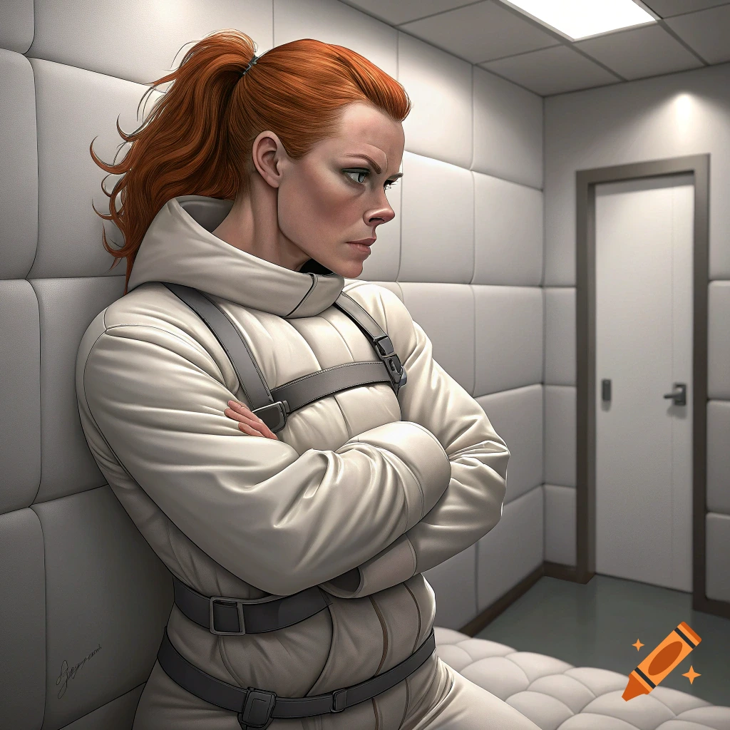 Redheaded woman in a white straitjacket sitting in a padded room, looking distressed.