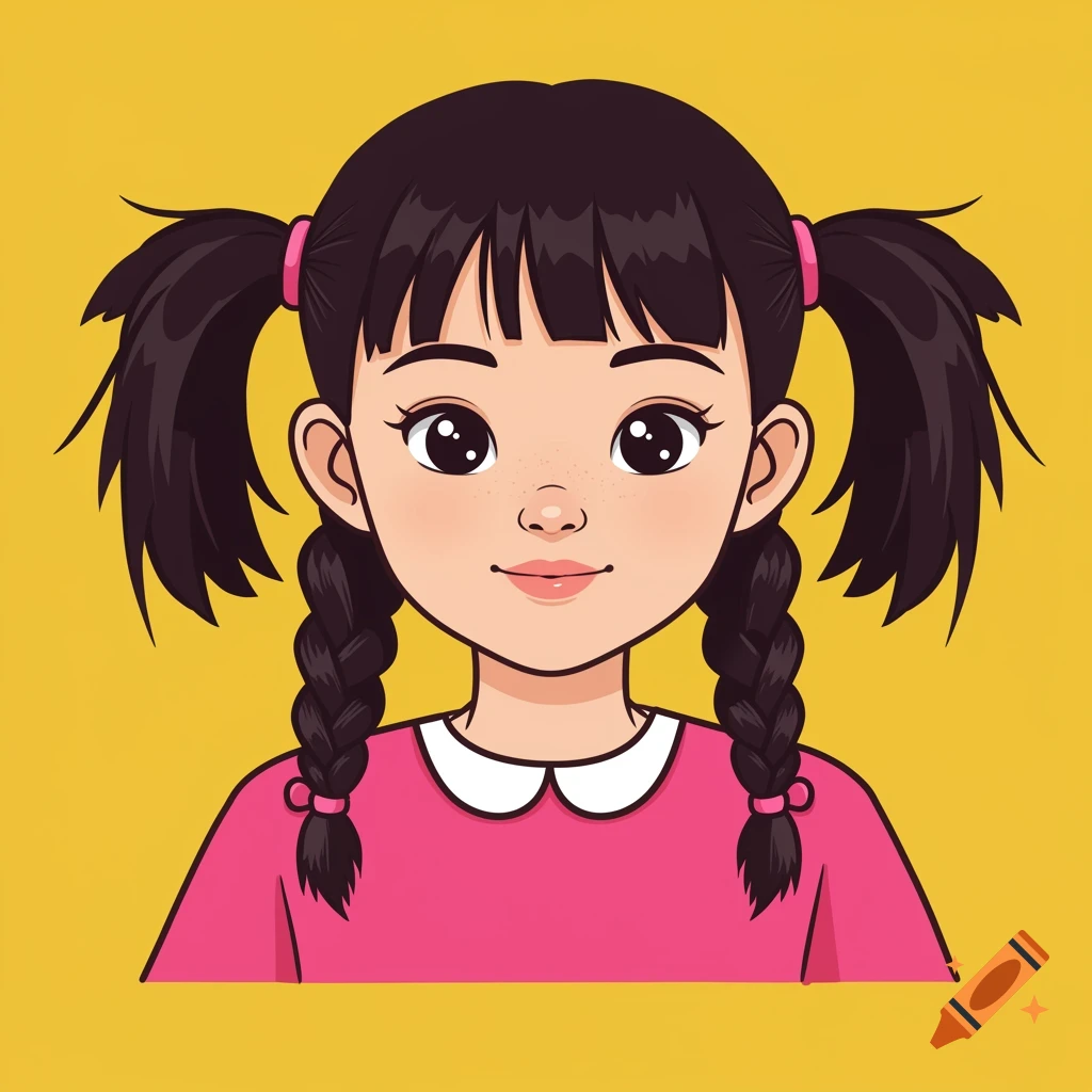 A cartoon illustration of a young girl with dark pigtails and a pink dress on a yellow background.