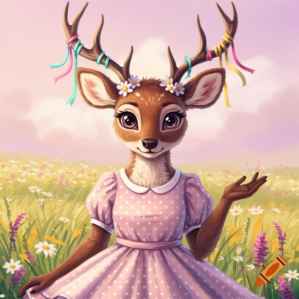 Cartoon deer in a pink polka-dot dress with ribbons and flowers on her antlers stands in a field of wildflowers.