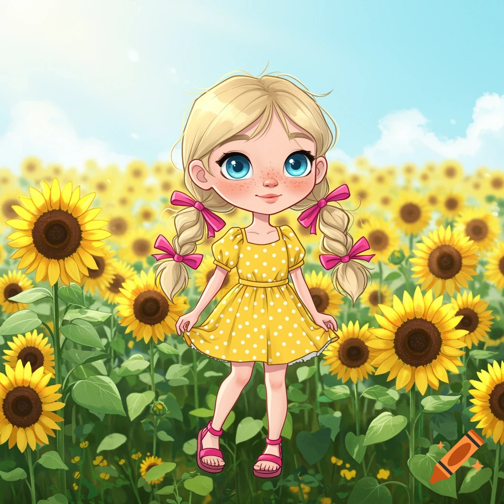 A cute cartoon girl with blonde pigtails and a yellow dress stands in a ...