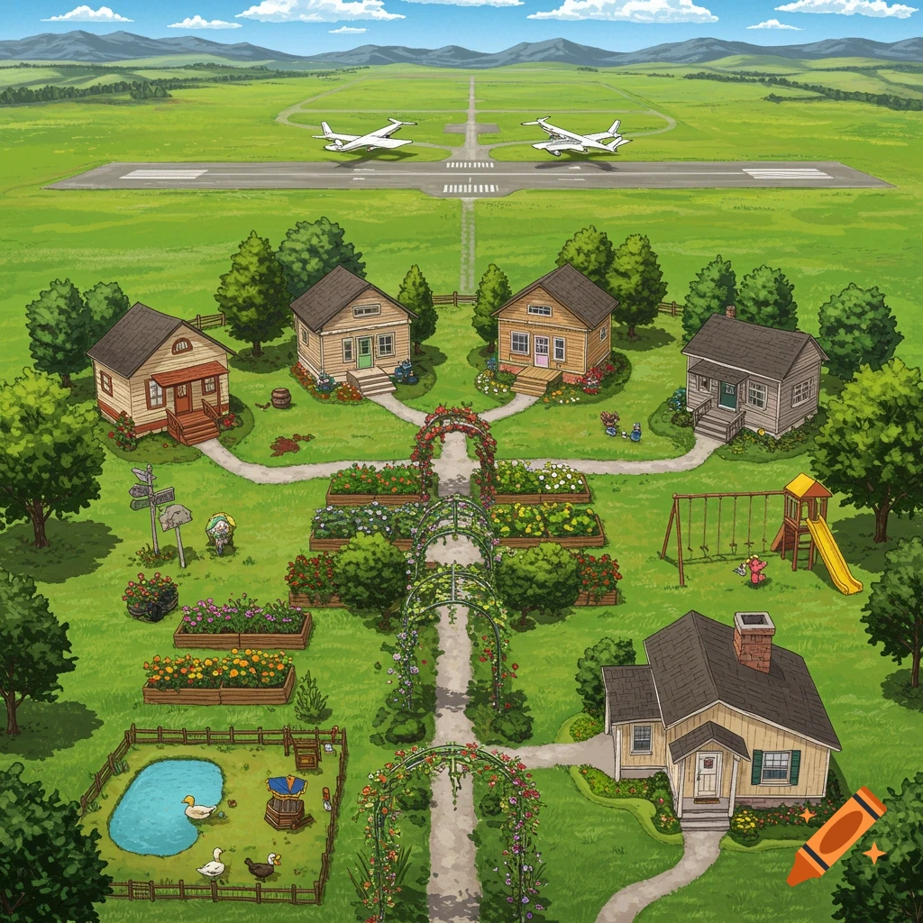 Illustration of houses, gardens, playground, pond, and airport runway in a rural landscape.