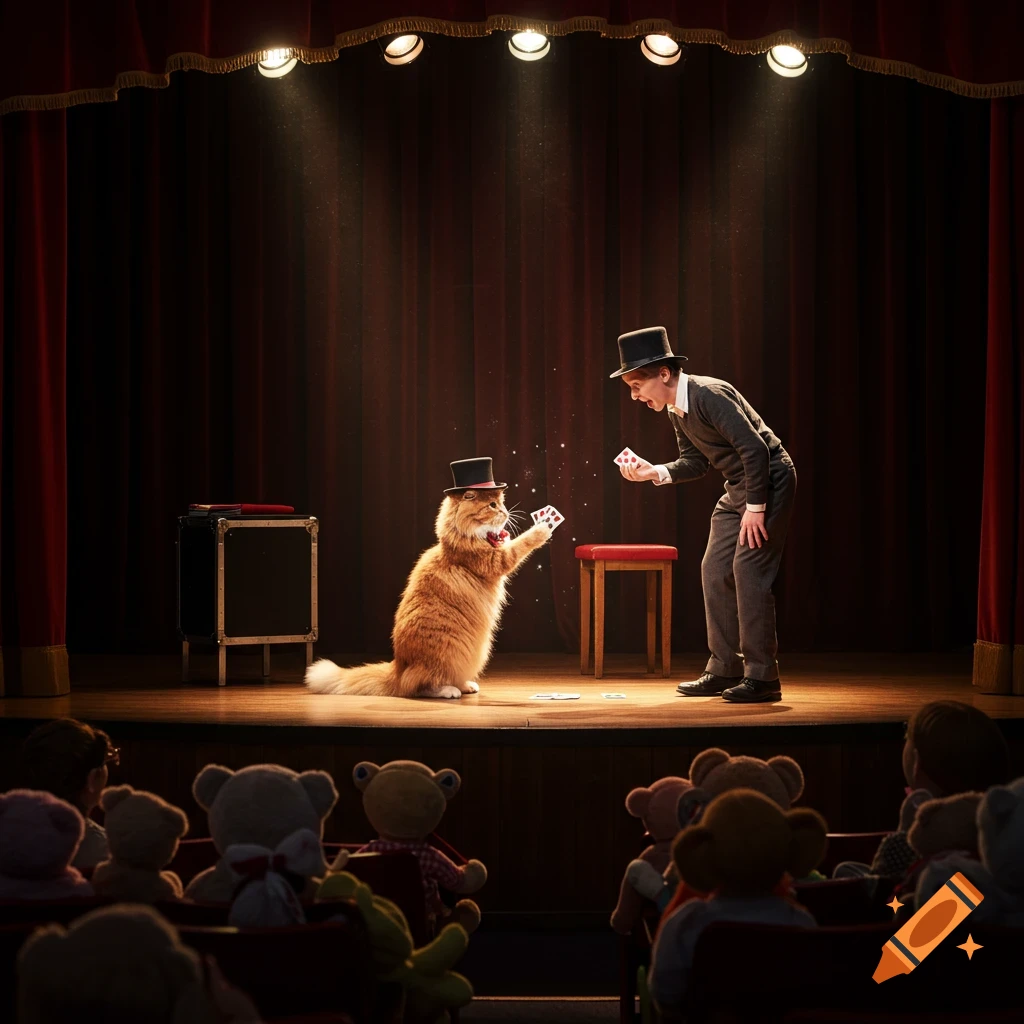 A cat in a top hat performs a card trick for a man on a stage in front of a teddy bear audience.