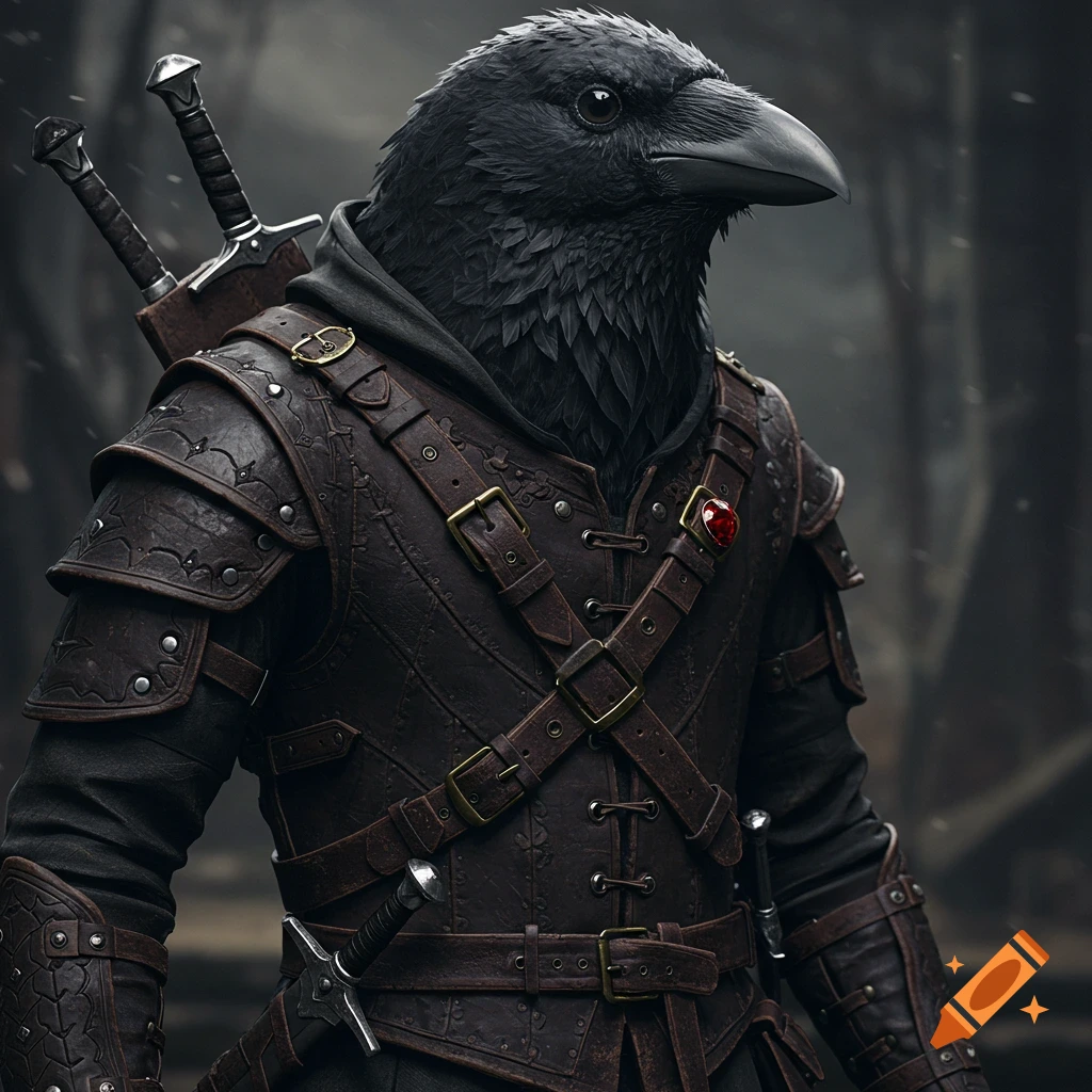 Crow humanoid in leather armor with swords