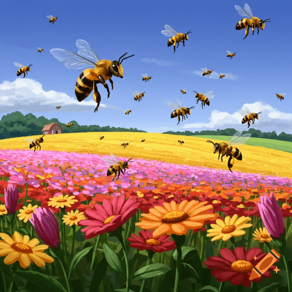 Bees flying over a field of colorful flowers towards a red barn.