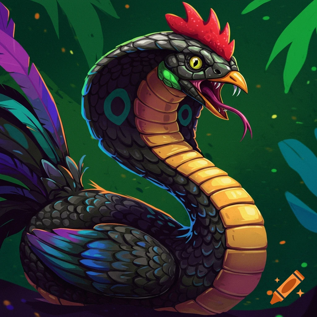 A mythical cobra chicken creature with a rooster head and tail on a coiled snake body against a dark green background.