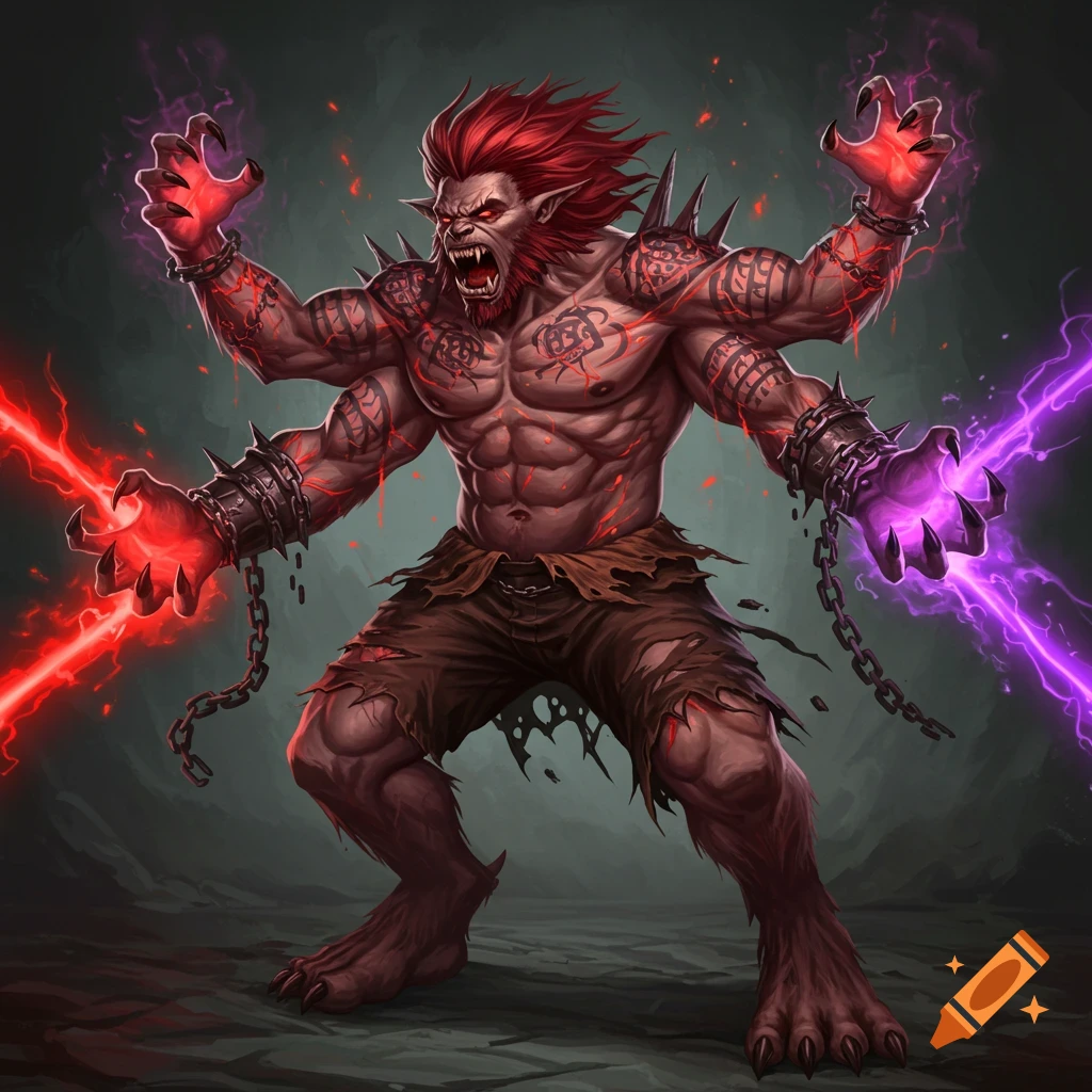 A four-armed beast with red hair, tattoos, and spikes, conjuring red and purple energy.
