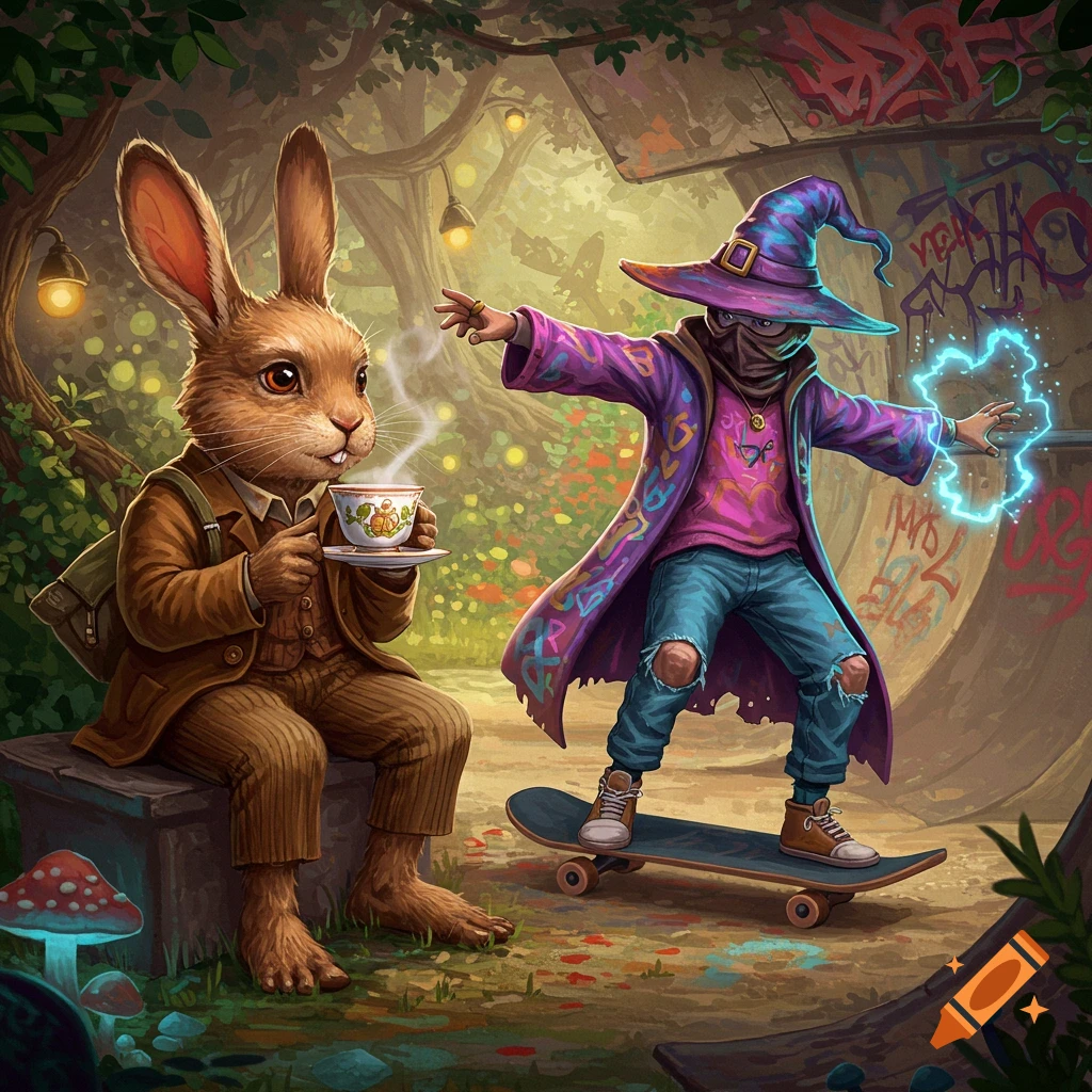 A rabbit having tea with a wizard on a skateboard in a fantasy forest.