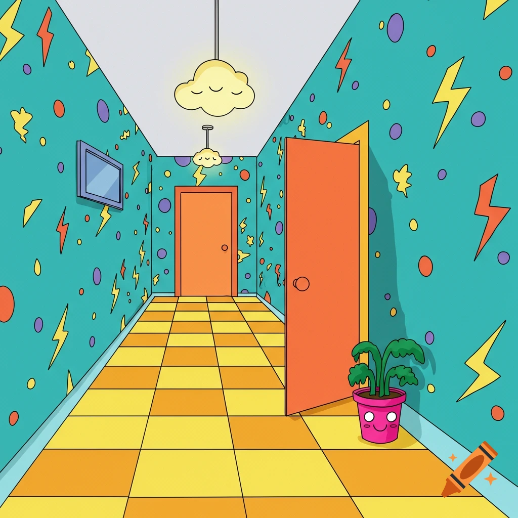 A cartoon hallway with lightning bolts on the walls and a checkered floor