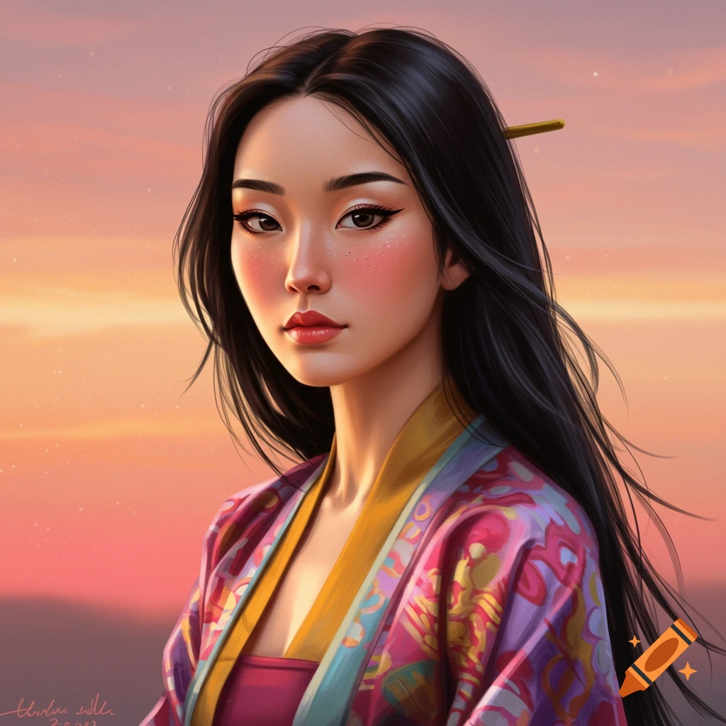 A woman in traditional Asian clothing stands against a sunset background.