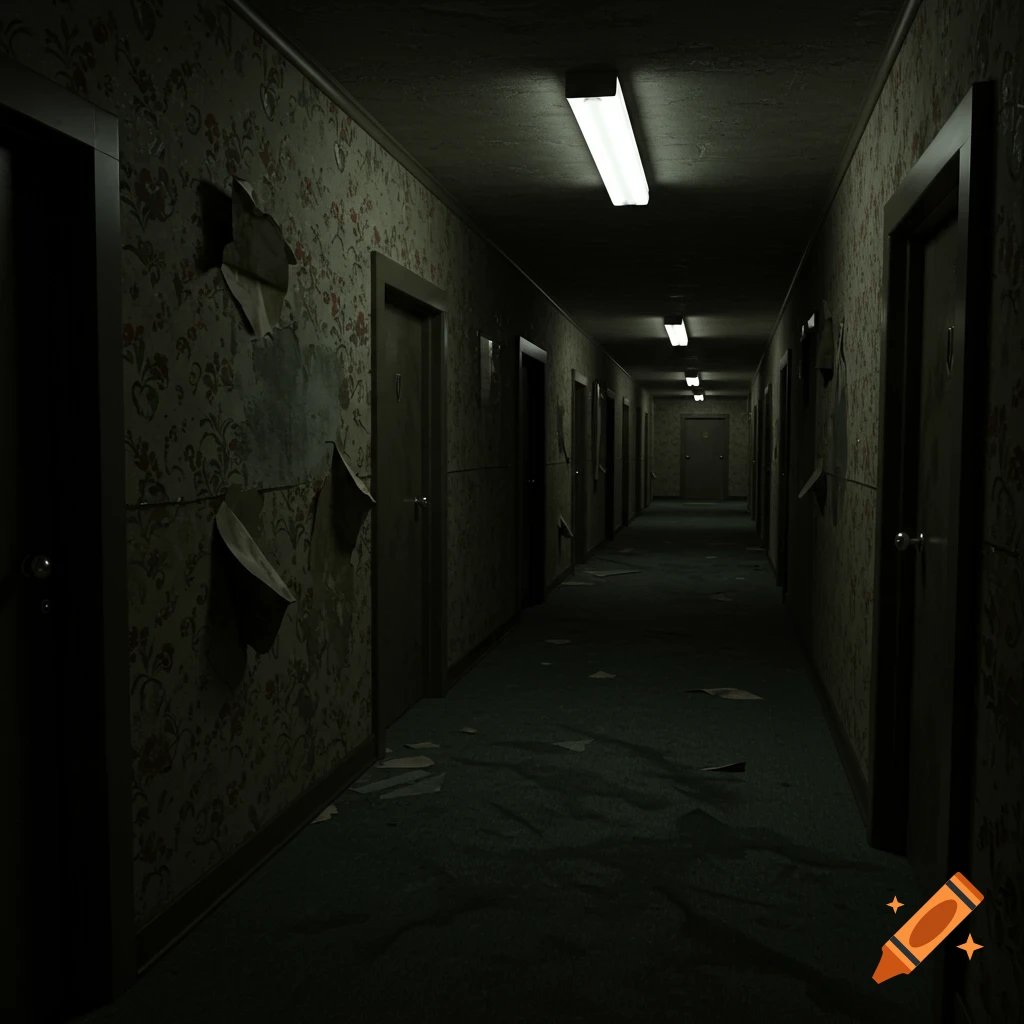 A long, dark, decaying hotel hallway with peeling wallpaper, ripped carpet, and dim fluorescent lights.
