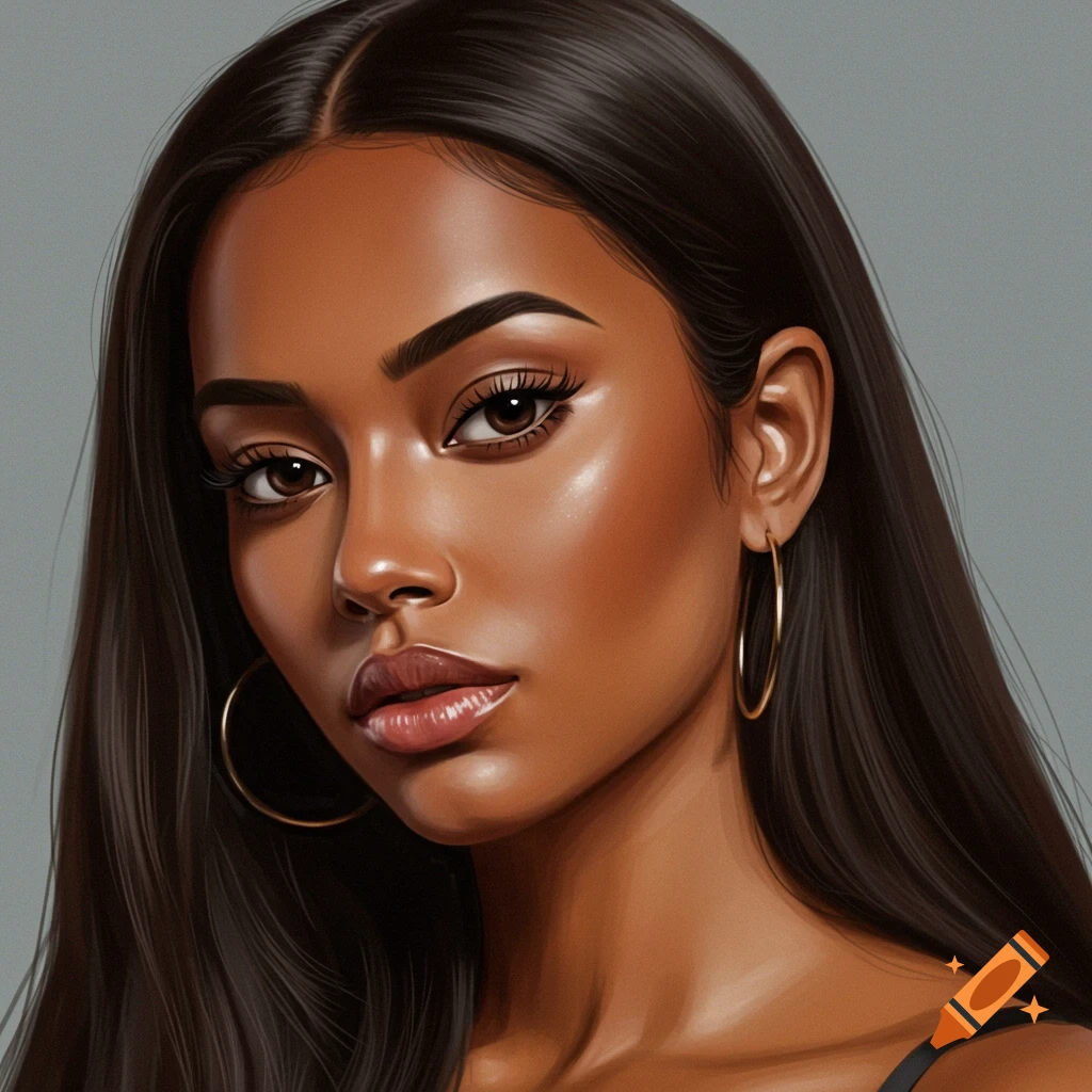 Close-up of a woman with long dark hair and hoop earrings.