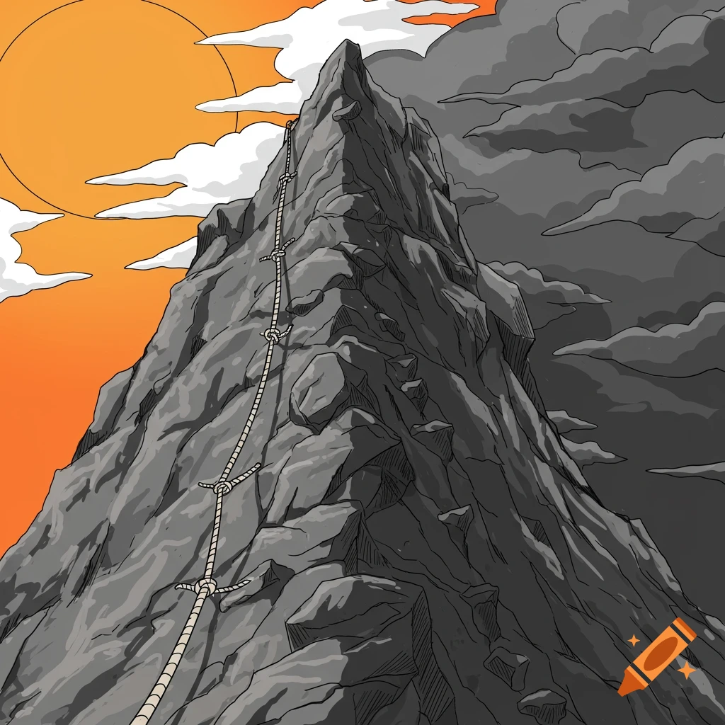 Illustration of a mountain split into a sunny side with a rope and a stormy side with rock climbing holds.