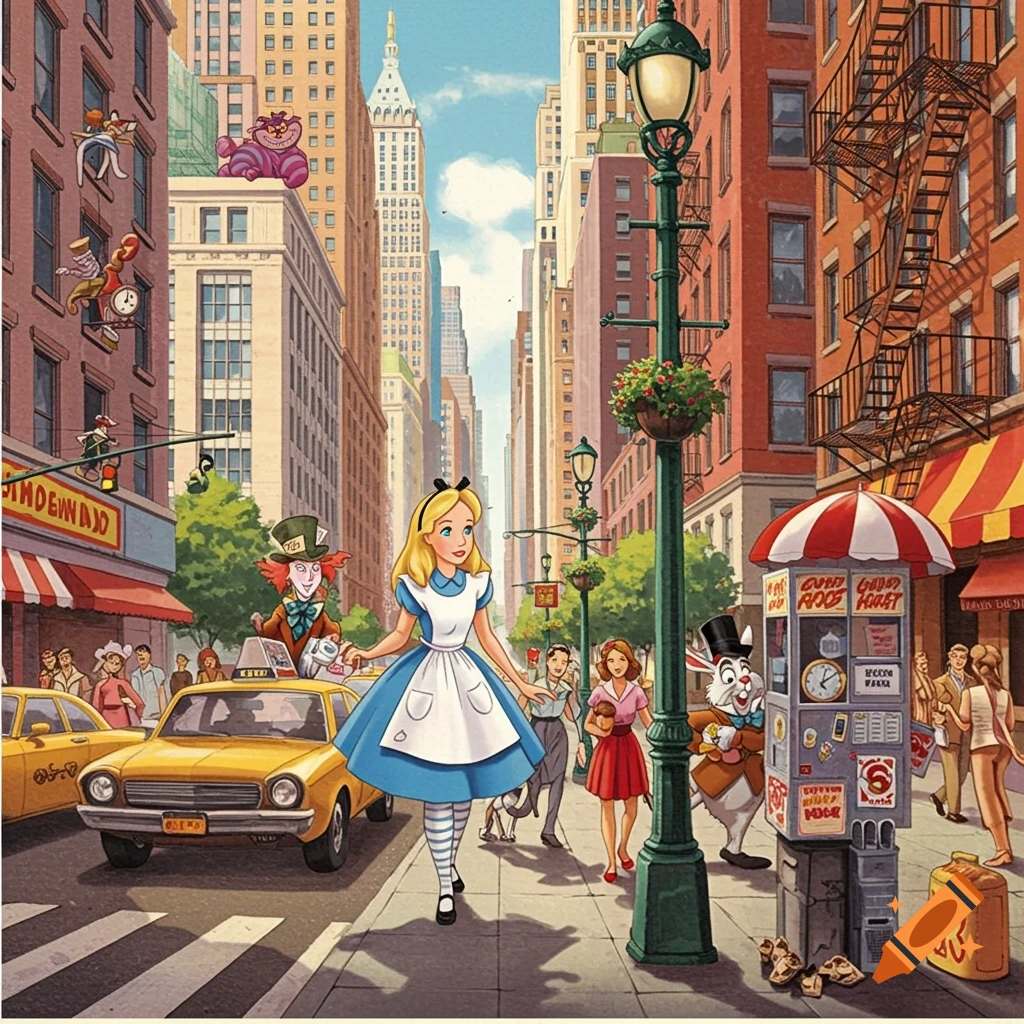 Alice and Wonderland characters, including the Mad Hatter and White Rabbit, walk down a bustling vintage-style New York City street.
