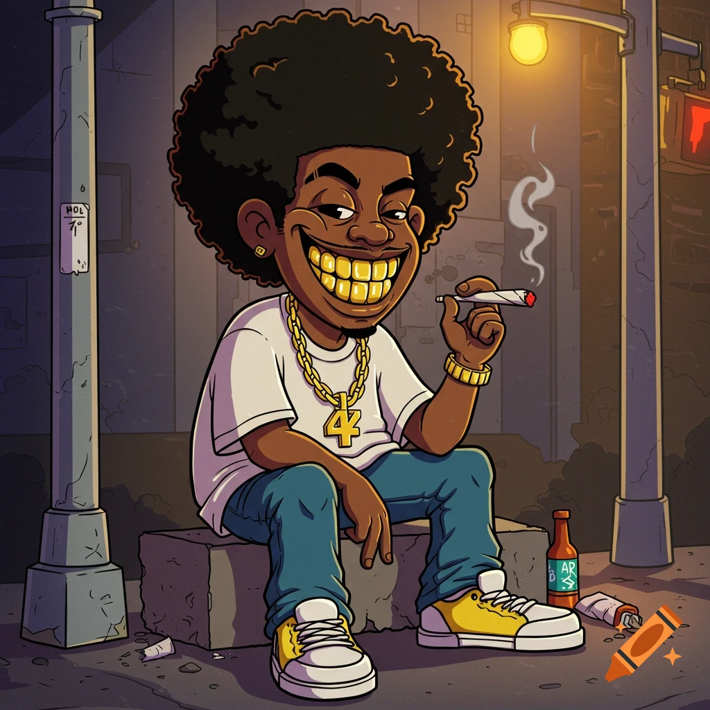 Cartoon drawing of a Black man with an afro and gold teeth, wearing a gold chain, sitting in an urban setting and smoking a joint.