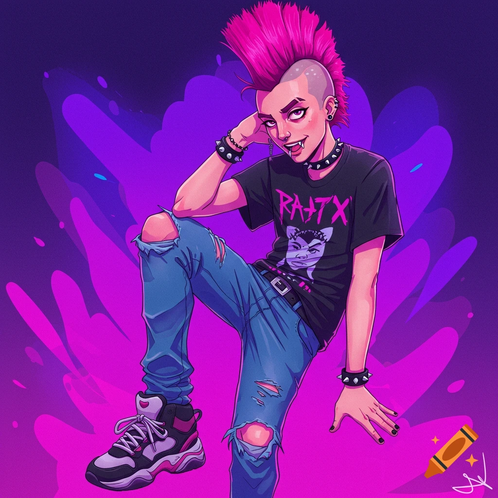 A person with a pink mohawk and punk style clothing is shown against a purple background.