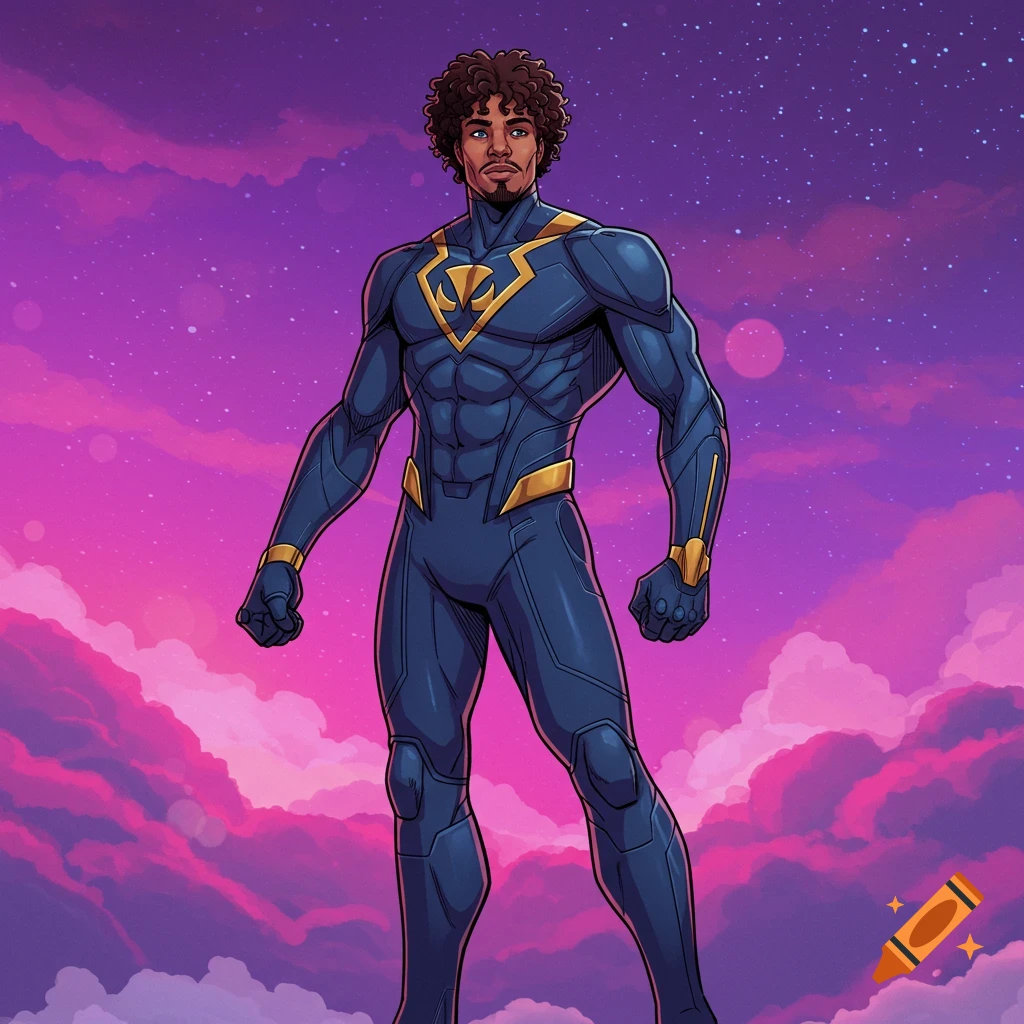 A superhero in a blue and gold suit stands against a purple, cloudy sky. Digital art.
