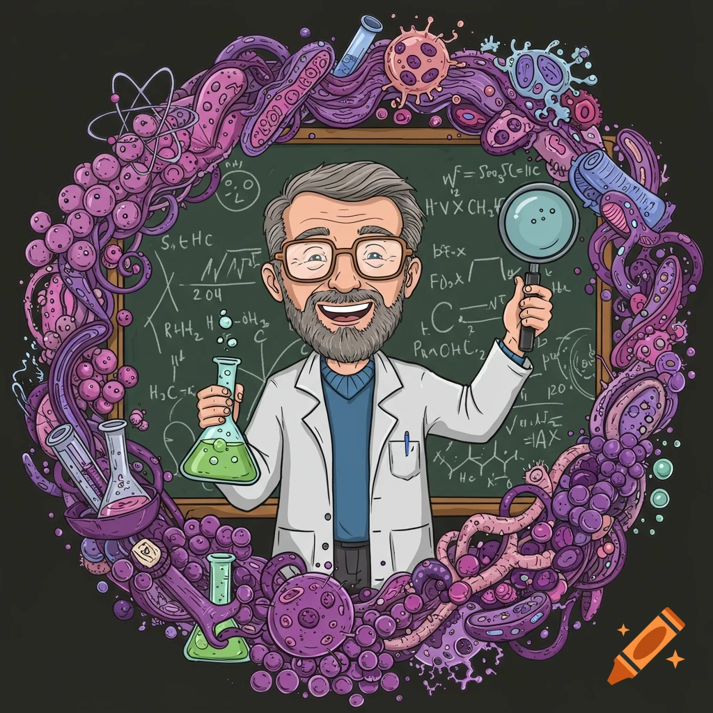 Cartoon science teacher with lab equipment and formulas in front of a blackboard, surrounded by microbes and scientific symbols.