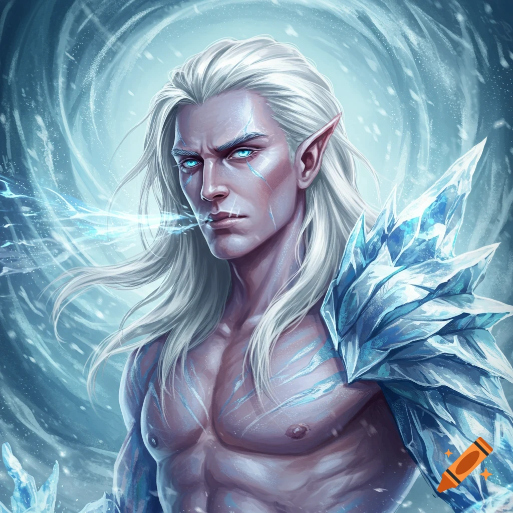 A male ice breather with white hair, blue eyes, and ice crystals on his shoulder.