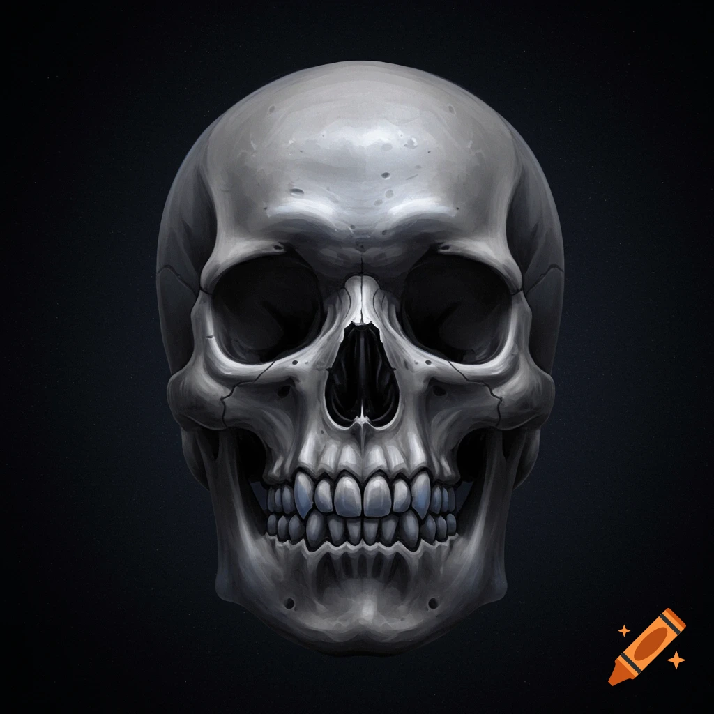 A detailed human skull on a dark background.