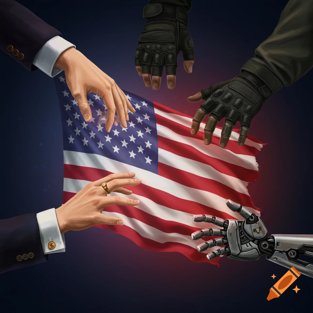 Four hands reaching for an American flag