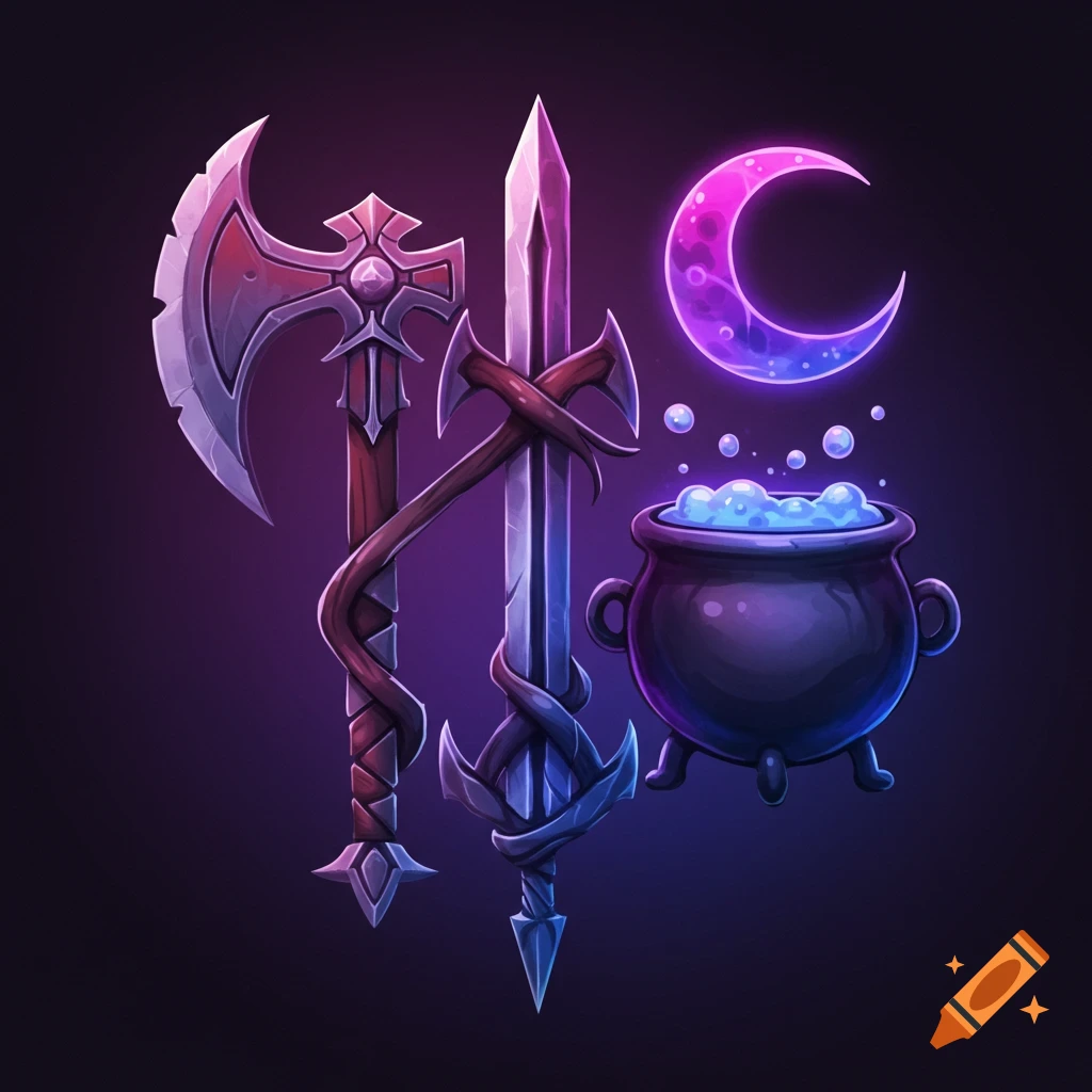 A warrior axe and sword crossed with a witch's cauldron and crescent moon symbol.