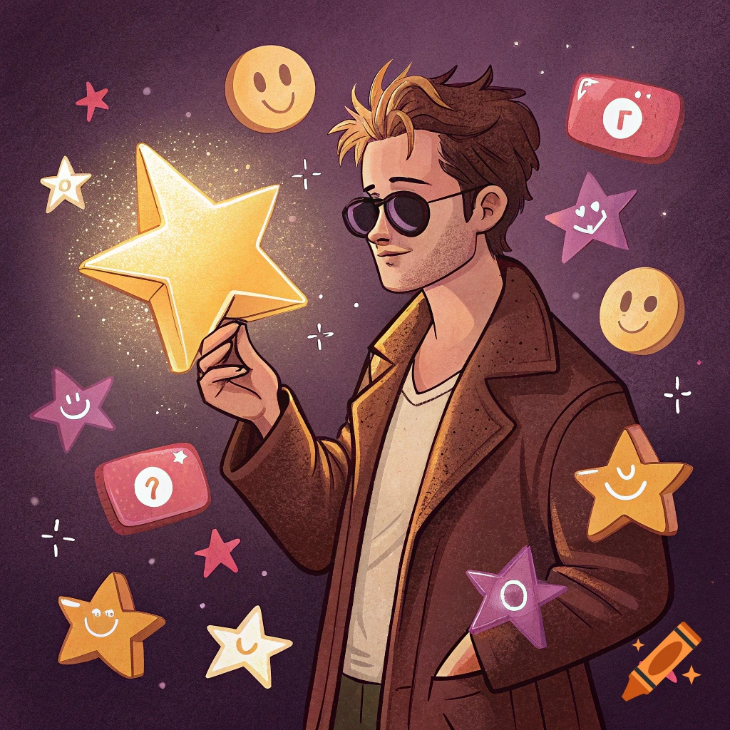 Cartoon person holding a golden star surrounded by floating emojis and stars