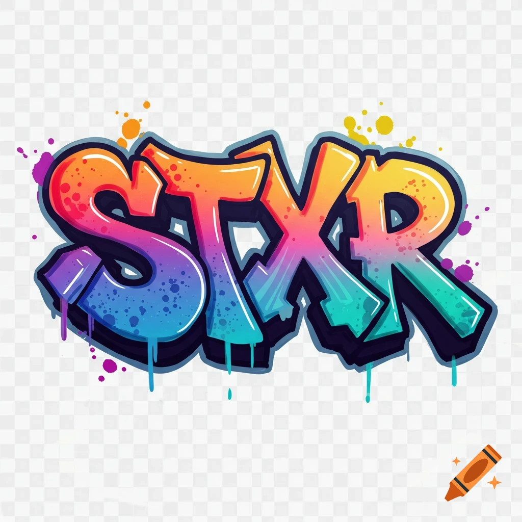 Colorful graffiti art spelling out 'STXR' with splatters and drips on a transparent background.
