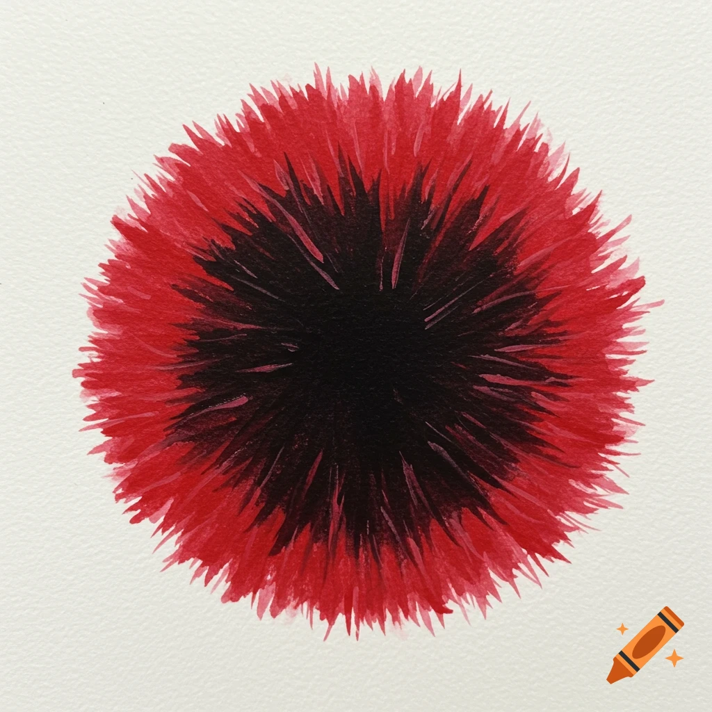 A red and black watercolor pompom shape on a white background.