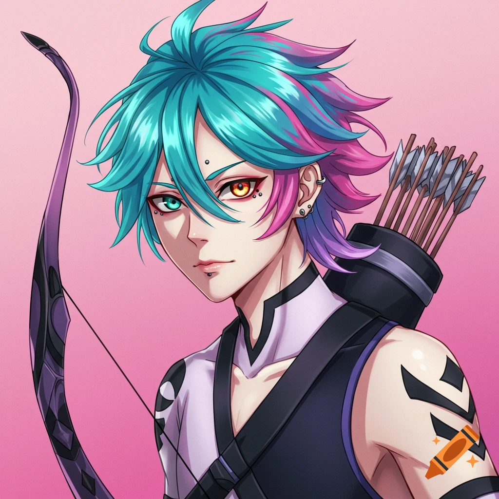Anime style portrait of a male archer with heterochromia and multicolored hair, holding a bow.
