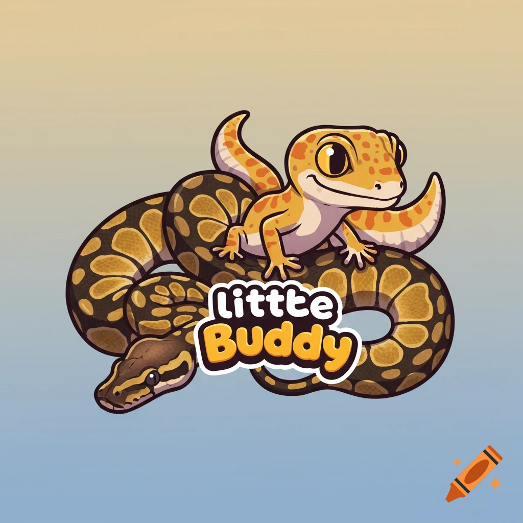 Cartoon logo featuring a gecko on a coiled ball python snake with 'little Buddy' text.