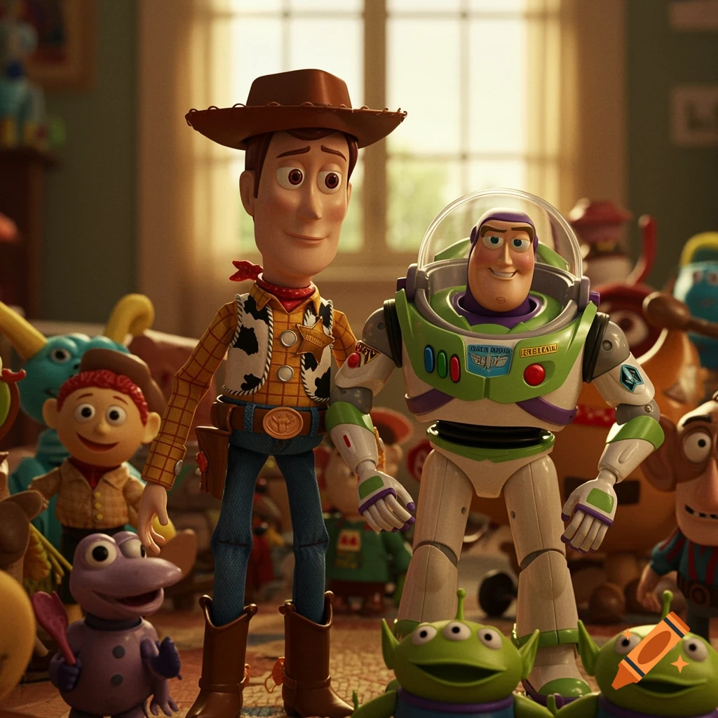 Woody and Buzz Lightyear stand among other toys in a room, rendered in a photorealistic style.