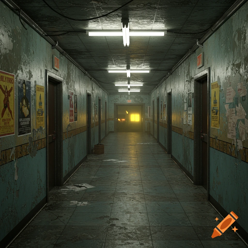 An eerie, abandoned hallway with fluorescent lights and posters on the walls, leading to a bright light in the distance.
