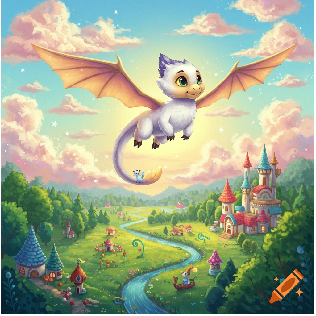 Cute white dragon flies over a vibrant fairytale valley with a castle and village.