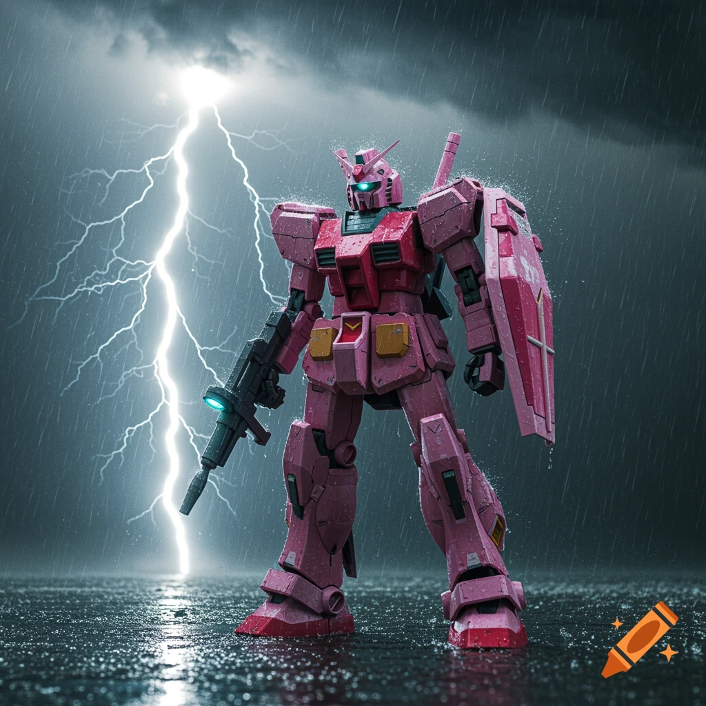 Pink mecha robot stands in rain with lightning flash