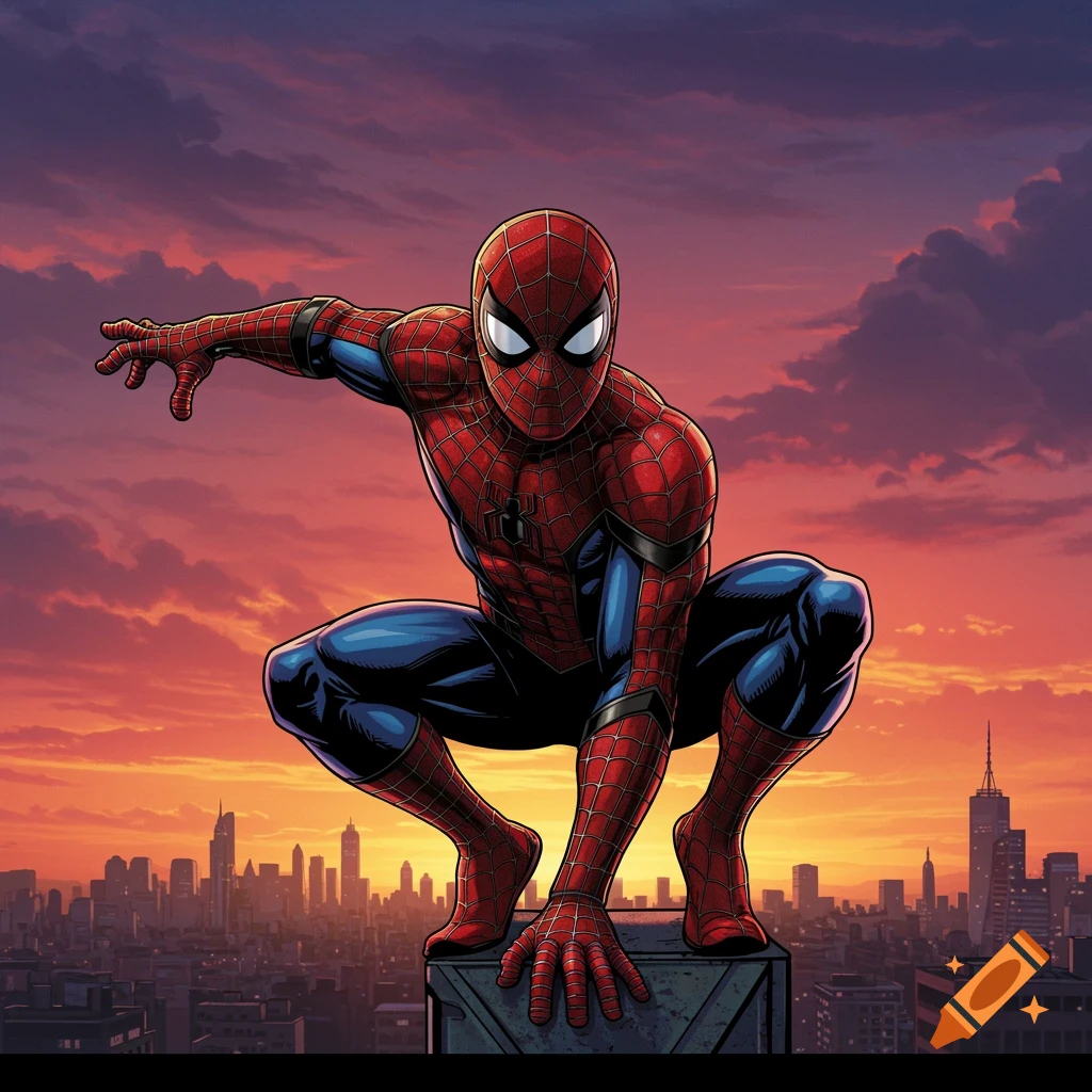 Spider-Man crouched on a rooftop overlooking a city skyline at sunset, in a comic book art style.